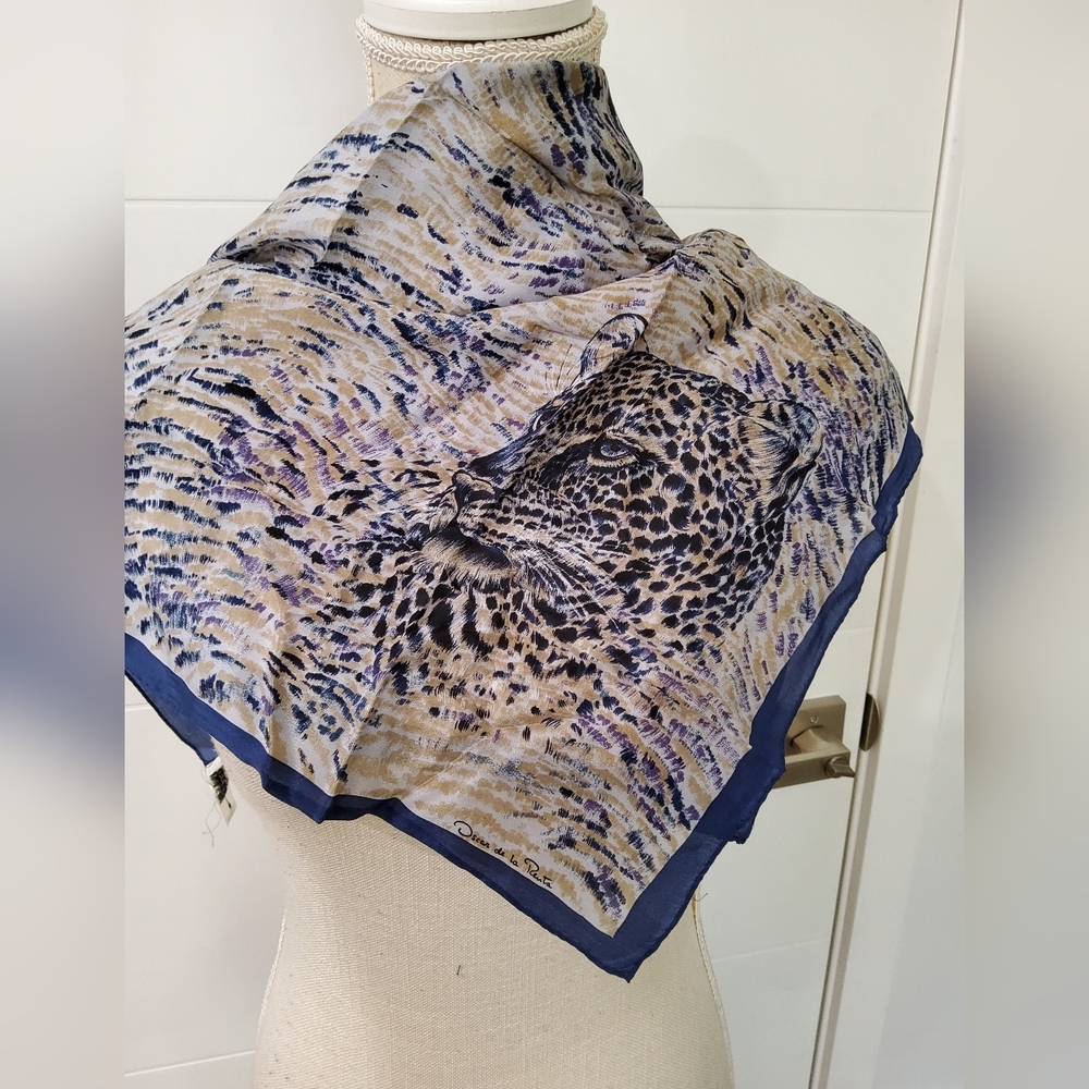 Oscar De La Renta Vintage Leopard Print Scarf in Blue and Tan